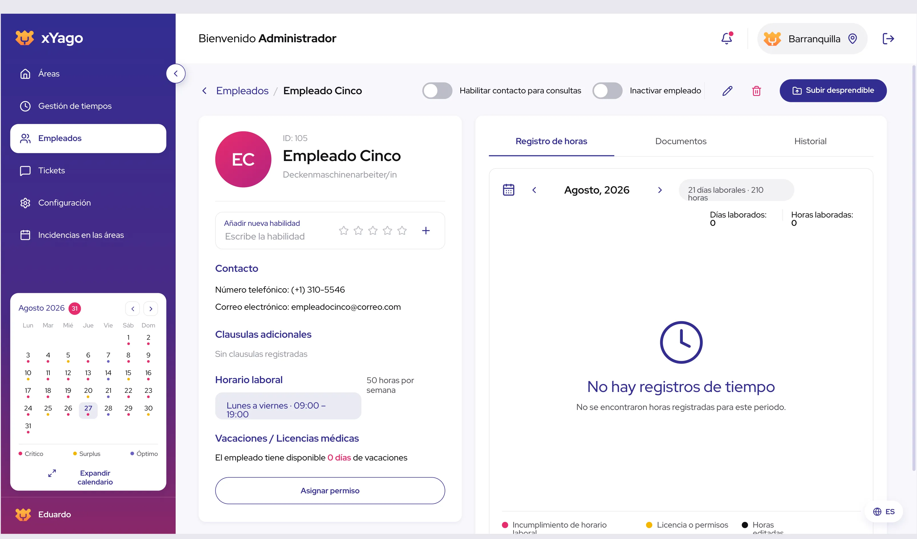 Employee profile with the month's hours record