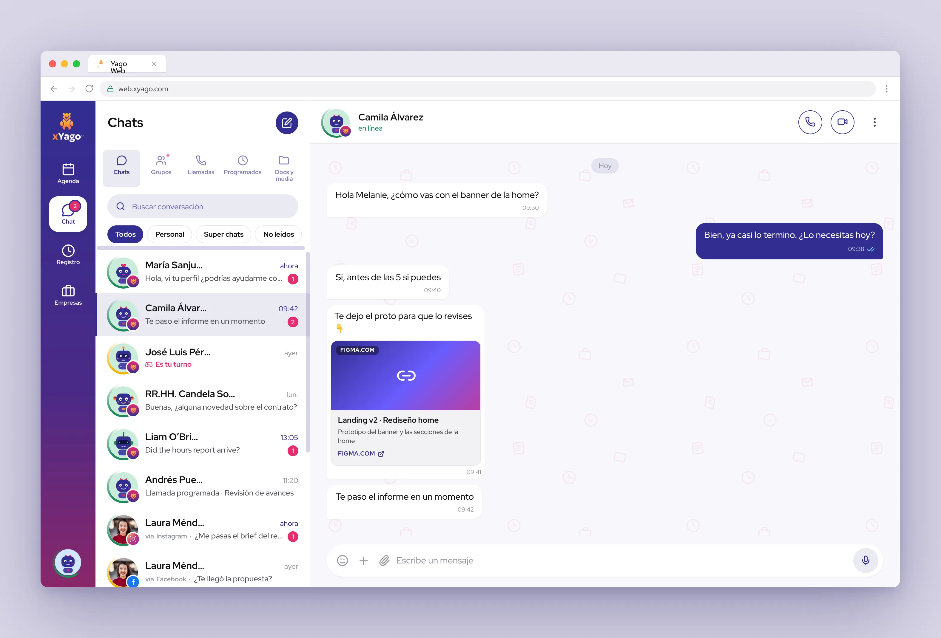 xYago Chat Web in the browser: conversation inbox and open chat